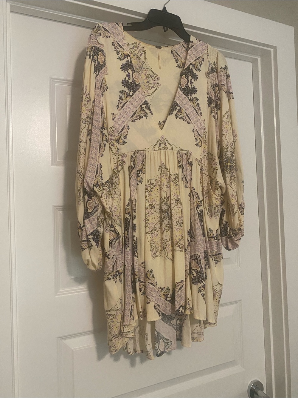 Free People Cream Paisley V-Neck Tiered Mini Tunic